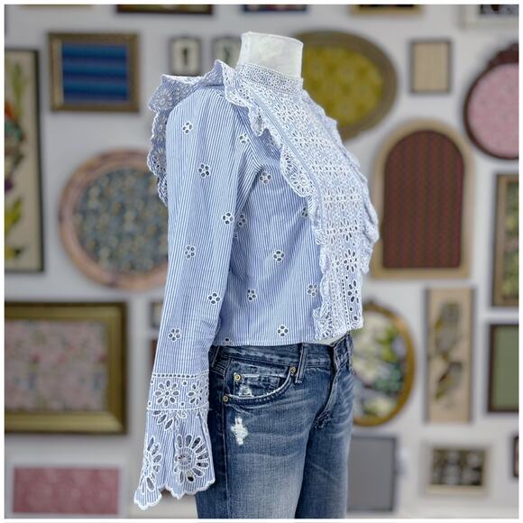 Sea Exploded New York Exploded Eyelet Ruffle Top Retail $ 345 Blue White - Picture 10 of 16